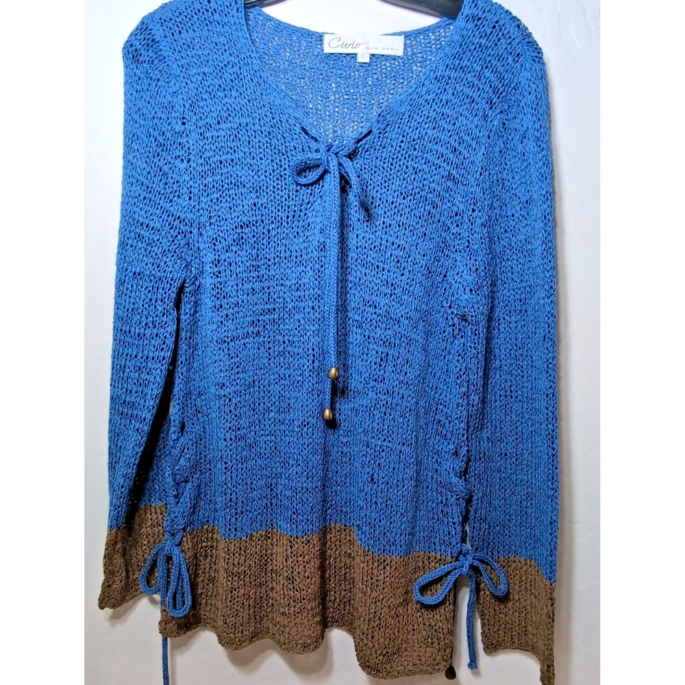 Curio New York Women's Large Knit Blue Brown Metallic Lace-Up Shimmer